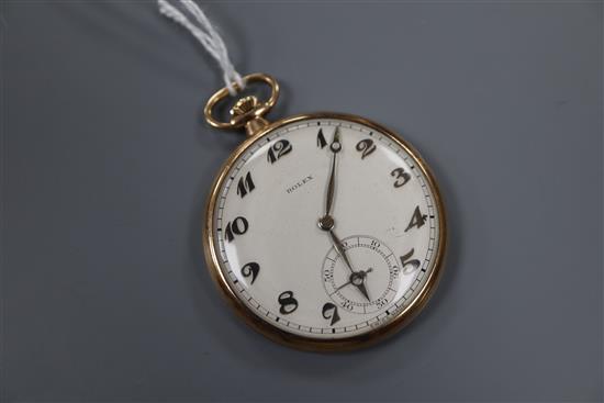 A 1930s 9ct Rolex dress pocket watch, with Arabic dial and subsidiary seconds, case numbered 1003752 1626, gross weight 39.6 grams.